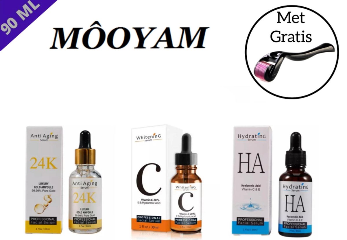MÔOYAM Serum Pakket - Vitamine C Serum - Hydrating Serum - 24K Gold Serum - Facial serum - Gezichtsserum - Anti Rimple - Huid Herstellend - Anti Aging - 90ML - Met Gratis Masker Samples & Derma Roller
