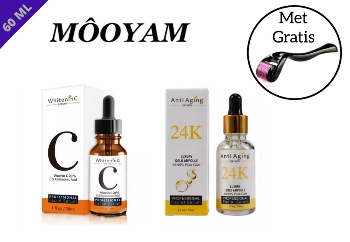 MÔOYAM Serum Pakket - Vitamine C Serum En 24K Gold Serum - Facial serum - Gezichtsserum - Anti Rimple - Huid Herstellend - Anti Aging - 60ML - Met Gratis Masker Samples & Derma Roller