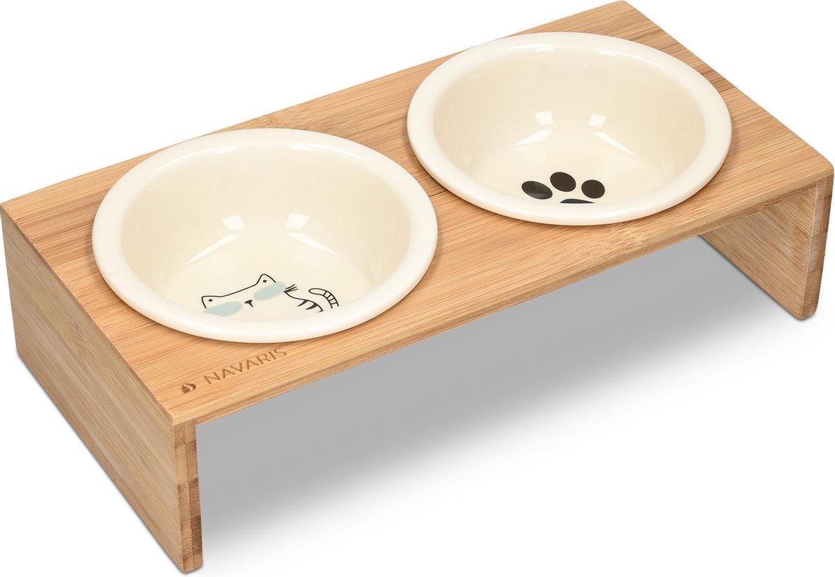 Rexa - keramische kattenvoerbakken met standaard - Verhoogde voer- en waterbakenset voor katten op verhoogde houten verhoging - Milieuvriendelijk ontwerp voor kat en poot - 2 kommen