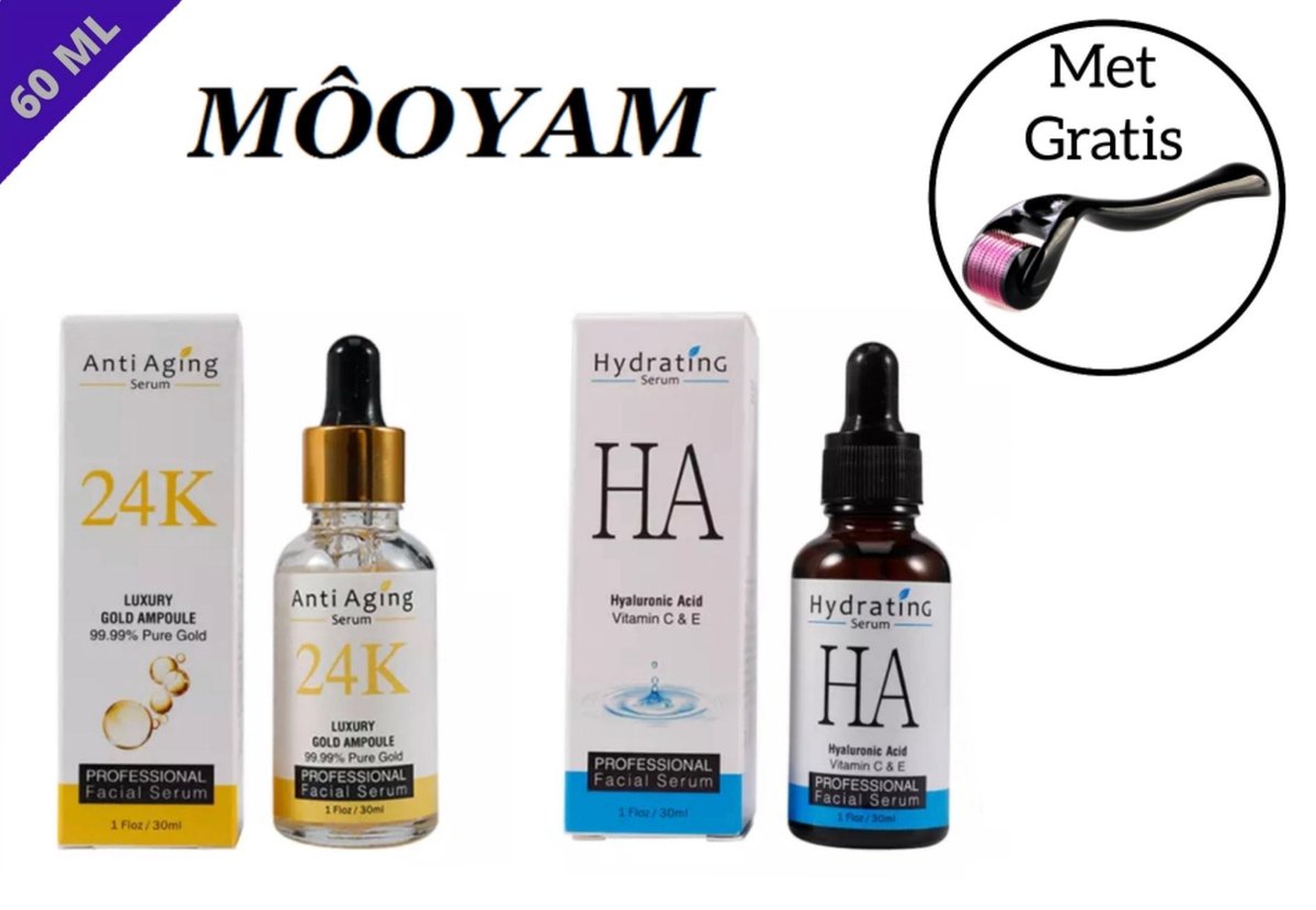 MÔOYAM Serum Pakket - Hydrating Serum En 24K Gold Serum - Facial serum - Gezichtsserum - Anti Rimple - Huid Herstellend - Anti Aging - 60ML - Met Gratis Masker Samples & Derma Roller