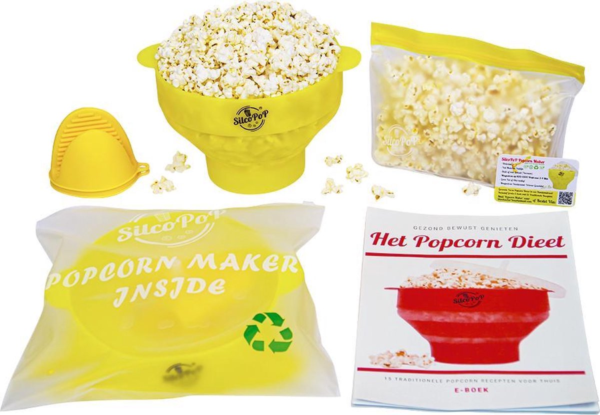 SilcoPoP 4in1 Popcorn Maker Bundle Geel - Siliconen Popcorn Popper Simpel & Opvouwbaar - Paar Hittebestendige Ovenwanten - Herbuikbare Luchtdichte Ziplock Opslag Tas - Milieuvriendelijk Verpakt - Met Gratis Recepten E Book in 3 Talen & VolumeKorting