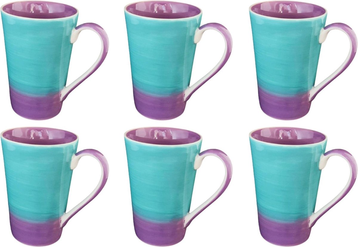 Mok - Beker - Set van 6 stuks mokken/bekers - Keramiek - 100% hand painted - Paars/turquoise - 350 ml