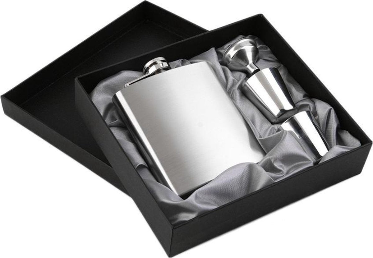 RVS Heupfles Gift Set - Platvink - Zakflacon - Zakfles - Drankfles - Drankflacon Heupflesje - Incl. Trechter en Bekertjes