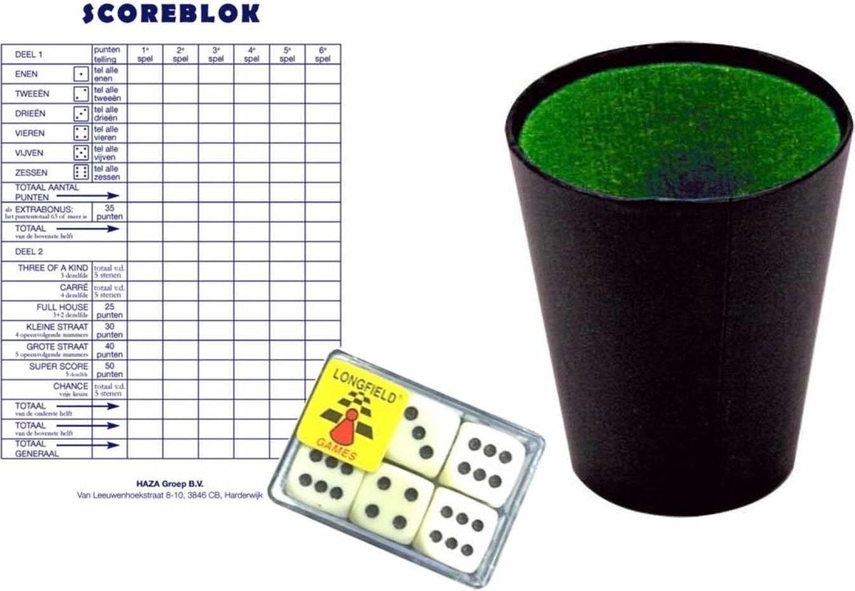 Yahtzee spel set compleet 1x Scoreblokken 250 vellen met 6 dobbelstenen en bekertje - Dobbelspellen - Familiespelletjes - Yahtzee score notitieblok