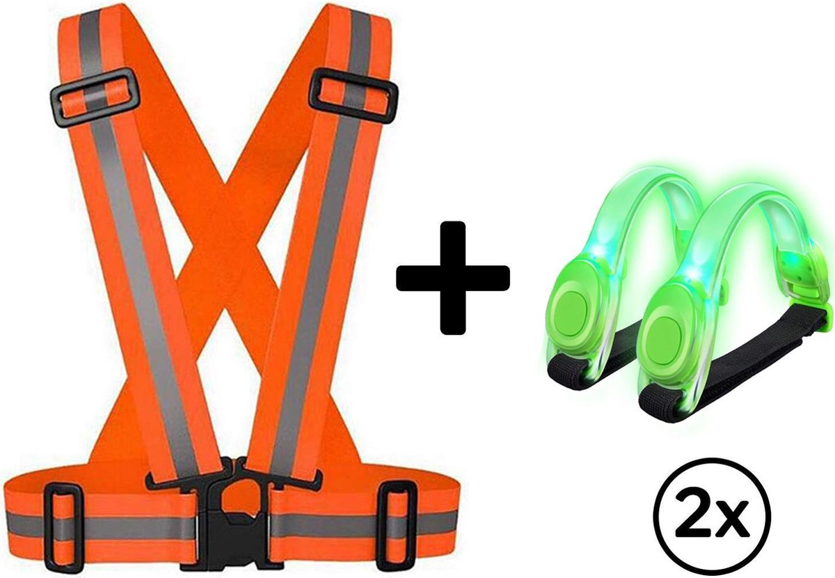 KW® Hardloop verlichting set oranje + groen | Oranje reflecterend harnas met 2 groene licht strips | Hardloop licht | Veiligheidsvest | Sport hesje voor fietsen en hardlopen in het donker | Goed zichtbaar bij weinig of geen licht | Sport armband