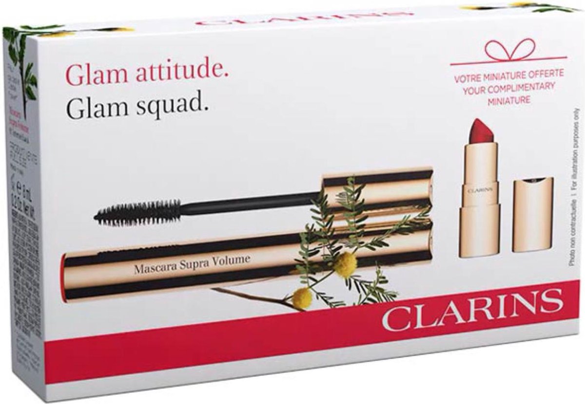 Clarins Glam Attitude Giftset - Supra Volume Mascara 01 Intense Black 8 ml + Joli Rouge Lippenstift 742 Joli Rouge 1