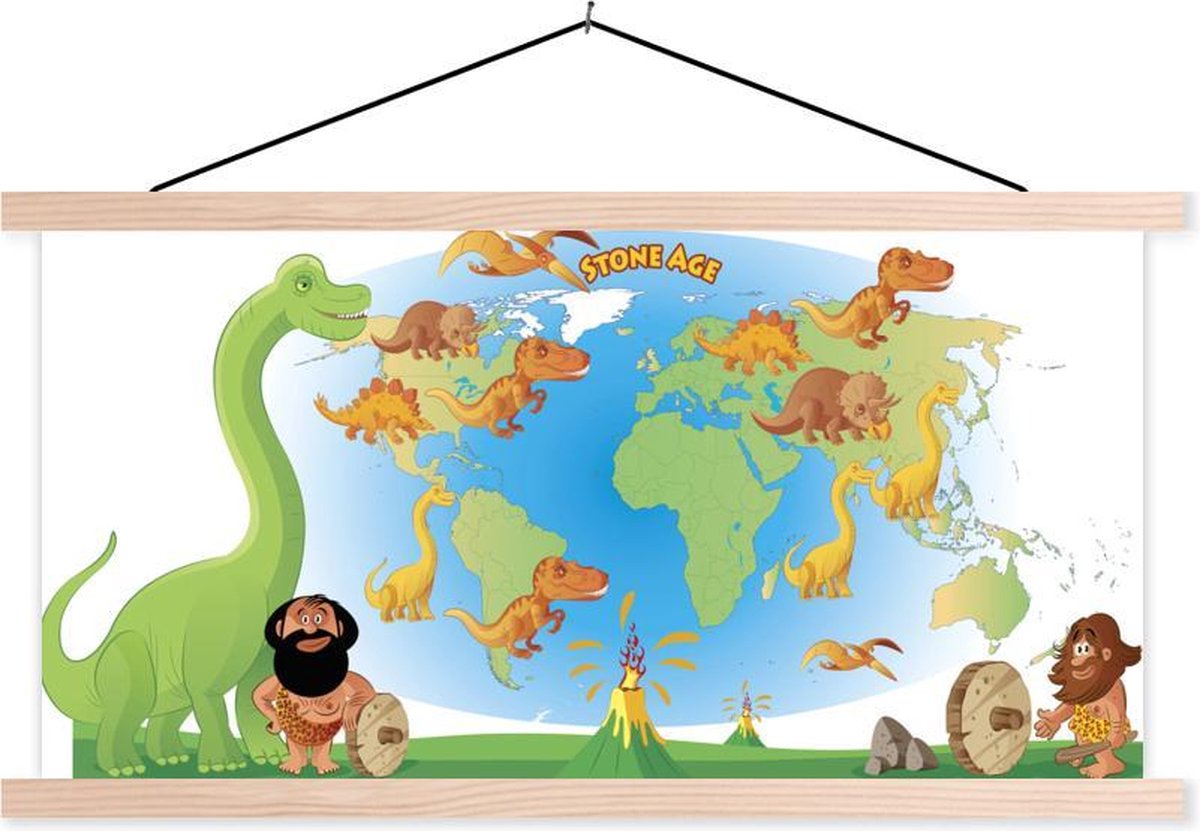 Wereldkaart Kinderen - Dinosaurus - Vulkaan - 60x30 cm - Schoolplaat