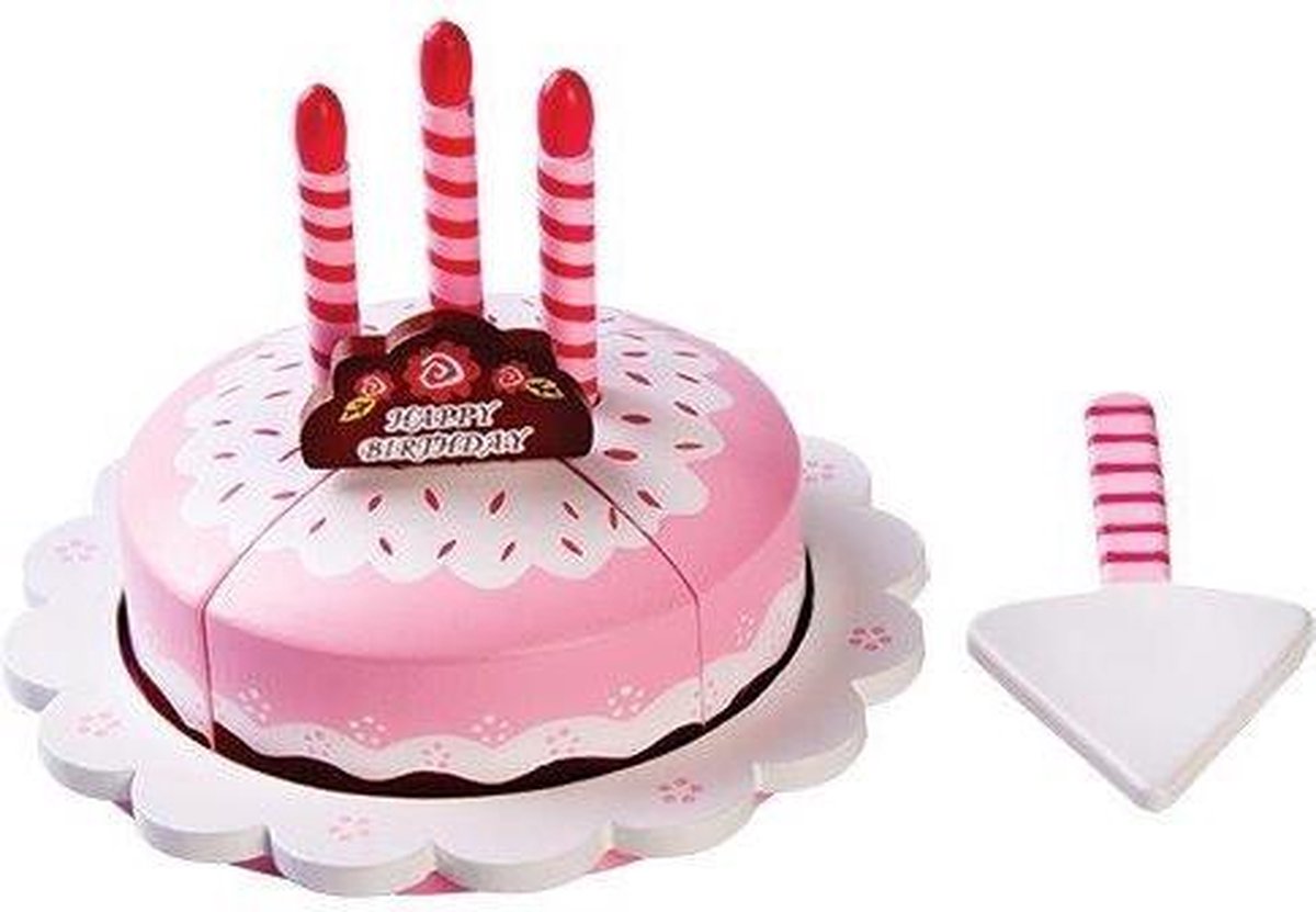 houten verjaardagstaart roze taart + schep