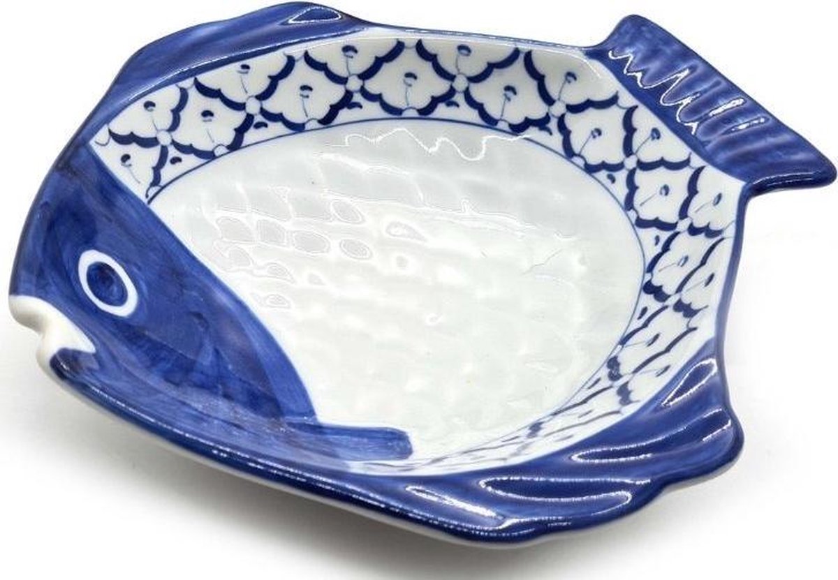 Vis Schaal - Vis Bord - Visschaal - Presenteerschaal wit blauw - Thais servies - Pineapple patroon  - Ananaspatroon 20 cm