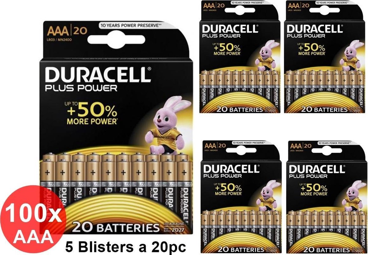 100 Stuks - Duracell LR03 / AAA / R03 / MN 2400 1.5V alkaline batterij