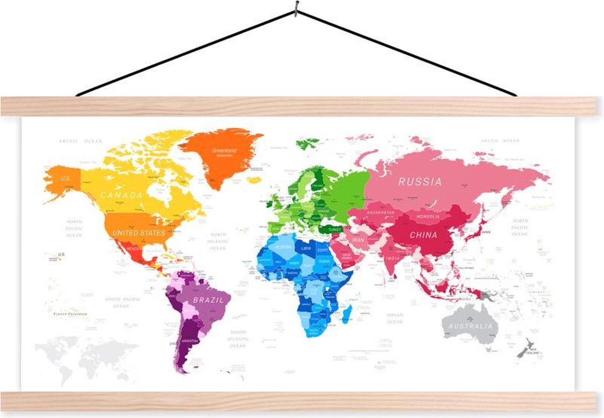 Wereldkaart Kinderen - Kleuren - Tekst - 60x30 cm - Schoolplaat