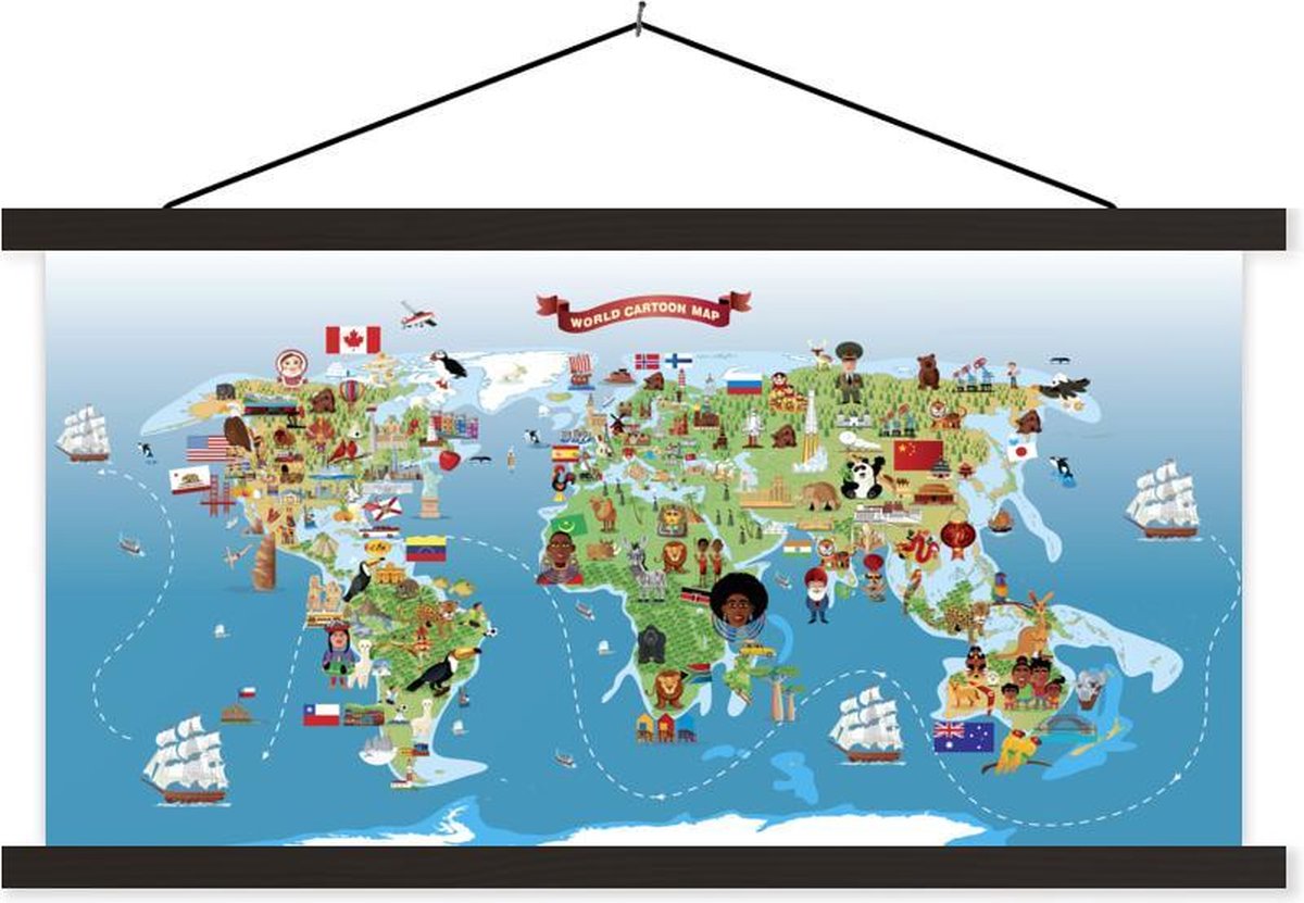 Wereldkaart Kinderen - Dieren - Symbool - 90x45 cm - Schoolplaat