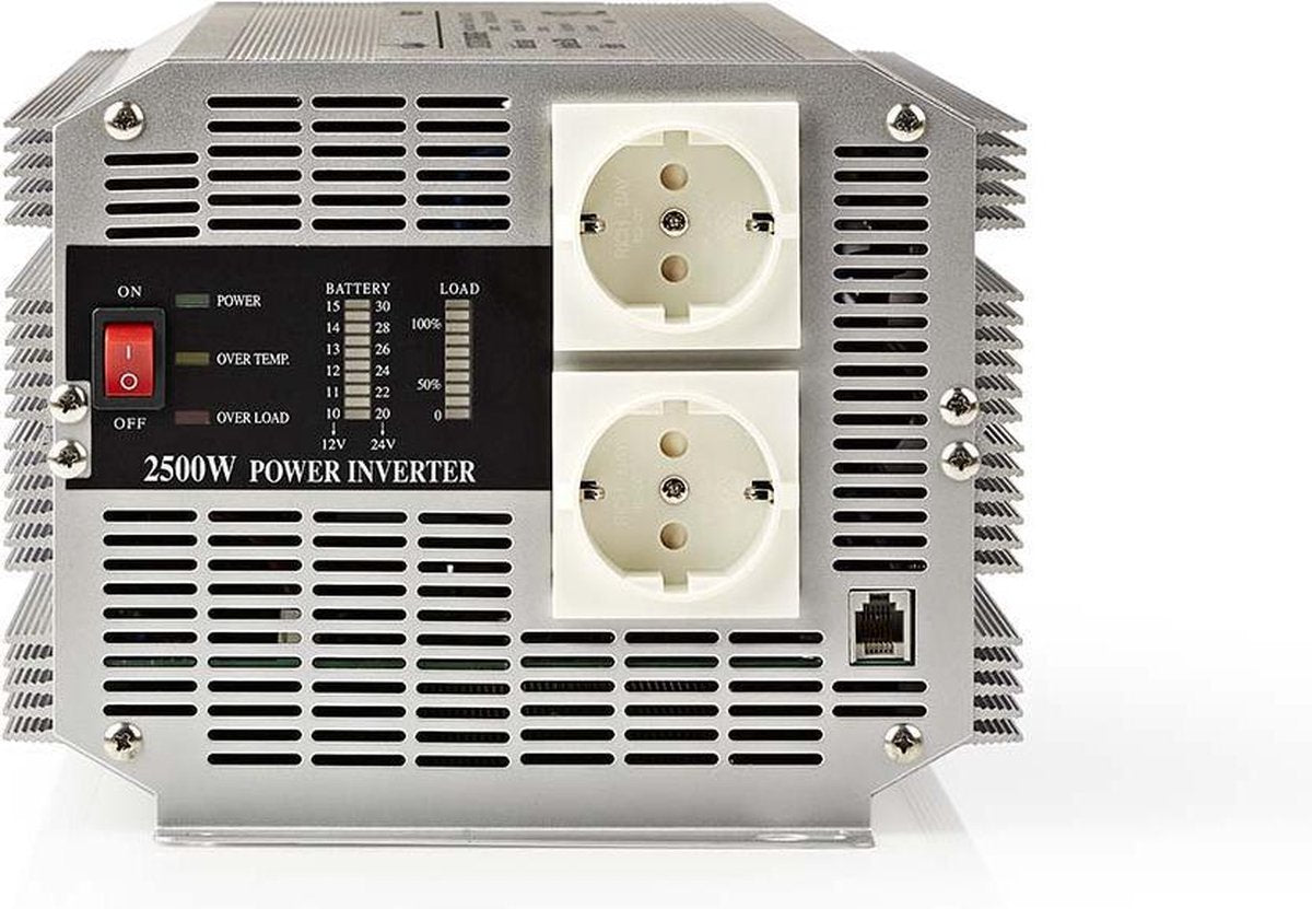 Inverter Gemodificeerde Sinusgolf | Ingangsvoltage: 12 VDC | Apparaat stroomoutput: 2 | 230 V ~ 50 Hz | 2500 W | Piekvermogen: 5000 W | Type stopcontact: F (CEE 7/3) | Screw Terminal | Gemodificeerde sinusgolf | Zekering | Zilver