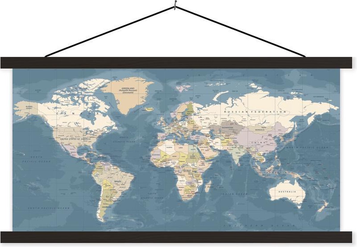 Schoolplaat - Wereldkaart - Atlas - Blauw - 90x45 cm - Zwarte latten