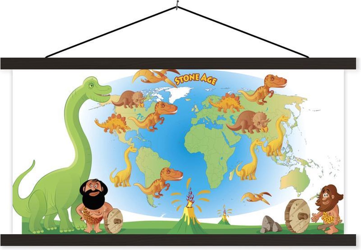 Wereldkaart Kinderen - Dinosaurus - Vulkaan - 90x45 cm - Schoolplaat