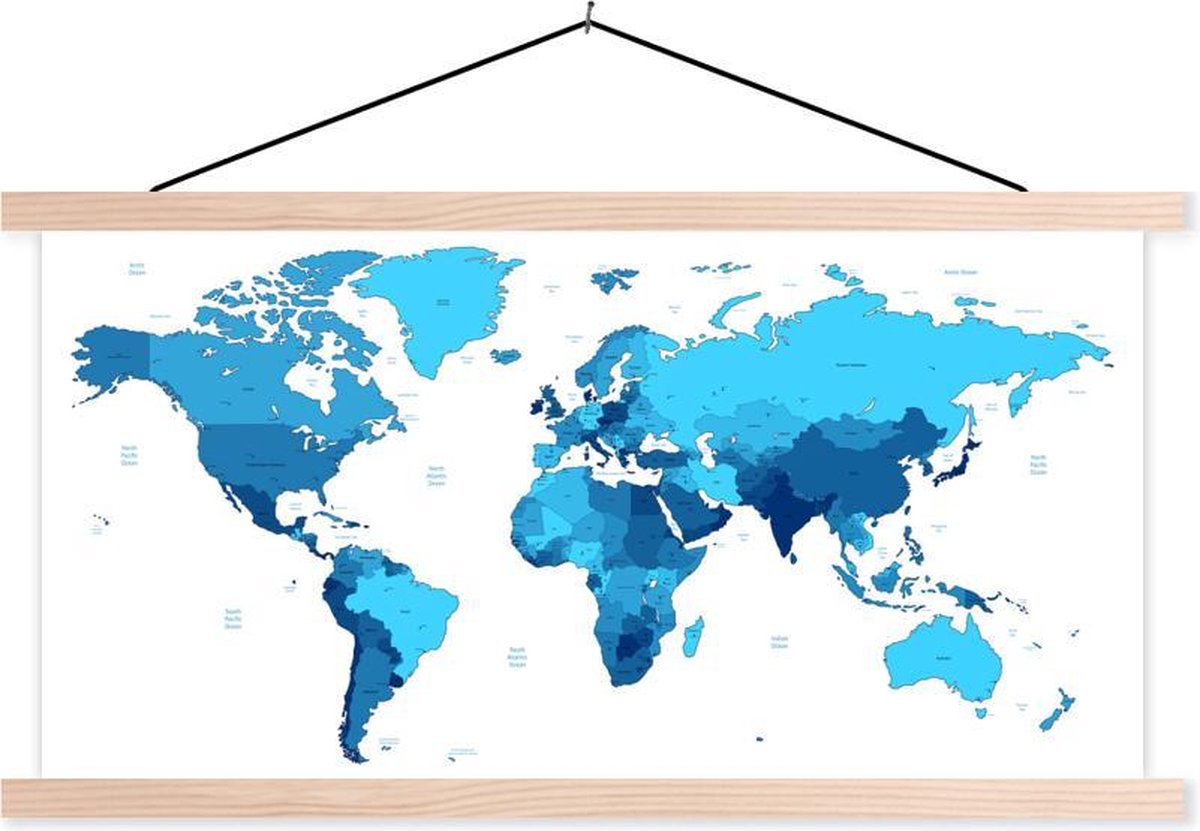 Schoolplaat - Wereldkaart - Kleurrijk - Blauw - 150x75 cm - Blanke latten