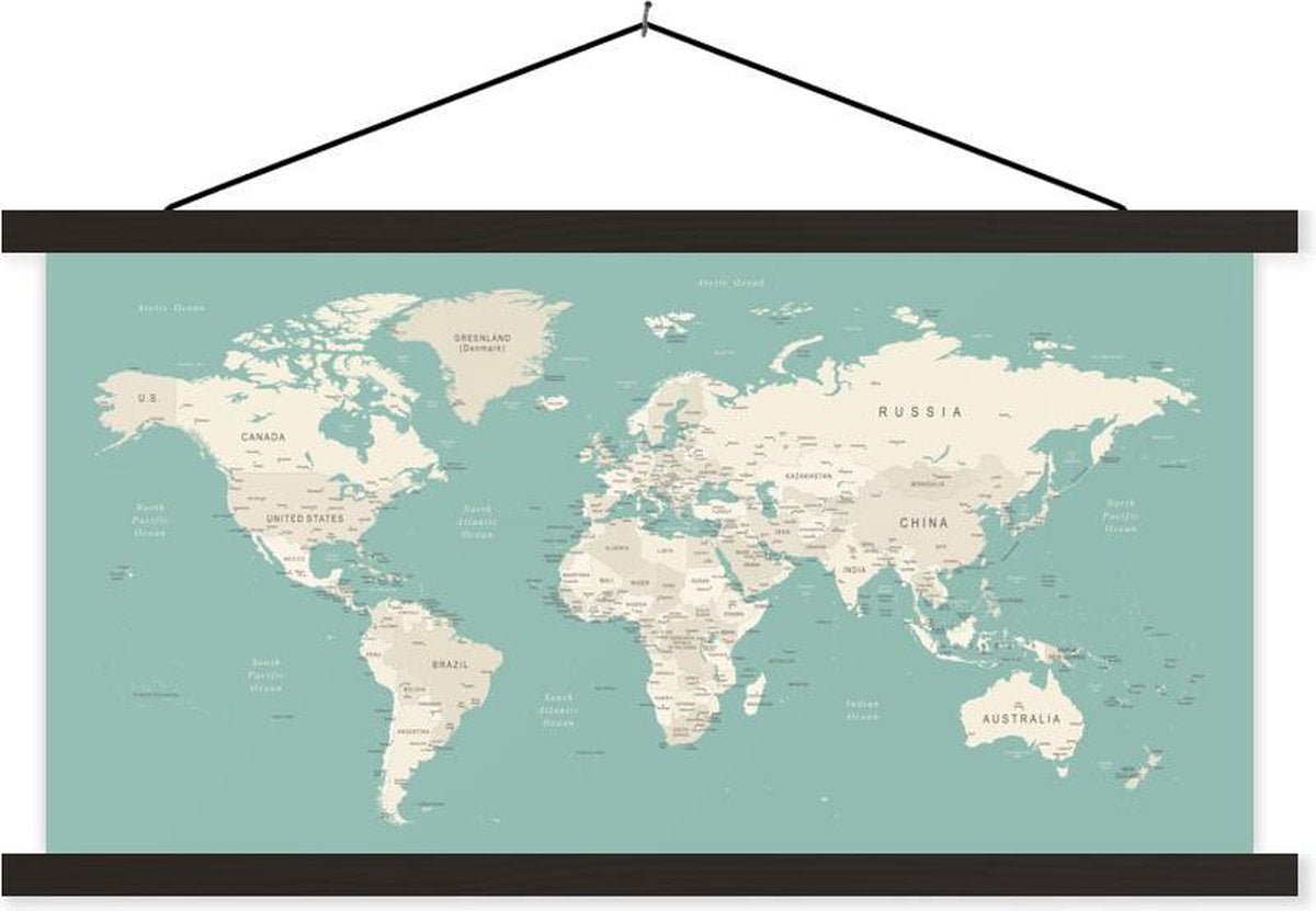 Schoolplaat - Wereldkaart - Blauw - Atlas - 90x45 cm - Zwarte latten