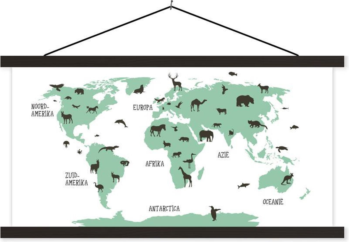 Wereldkaart kinderen - Dieren - Groen - 90x45 cm - Schoolplaat