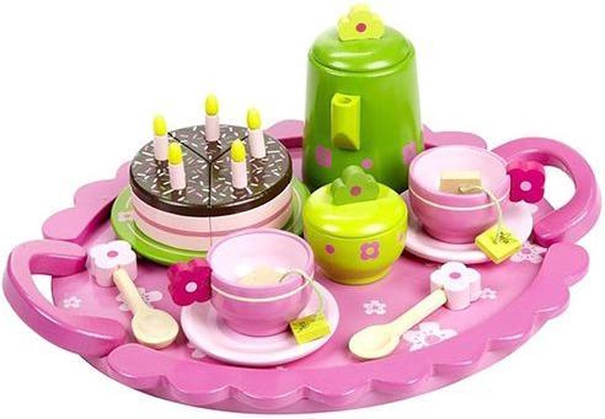 Houten thee servies met taart