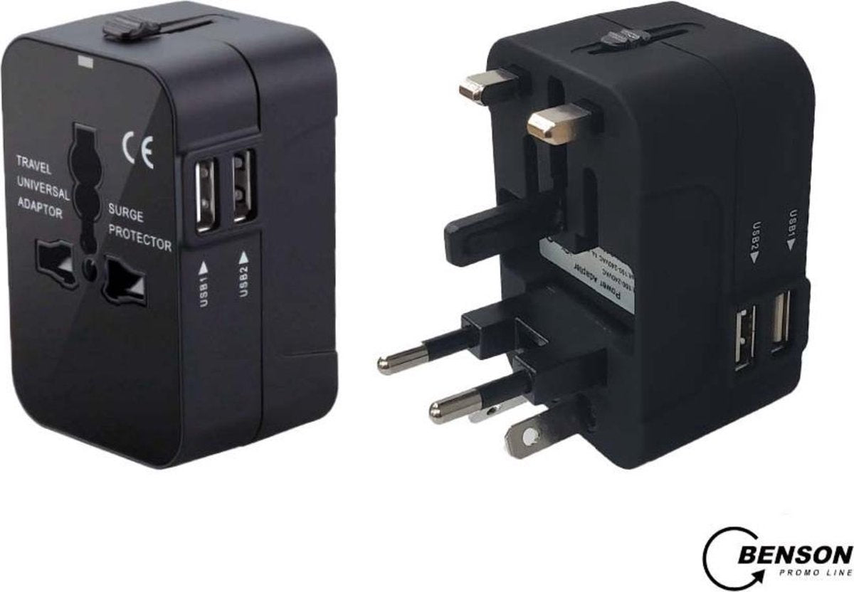 REISADAPTER INTERNATIONAAL MET 2 USB POORTEN