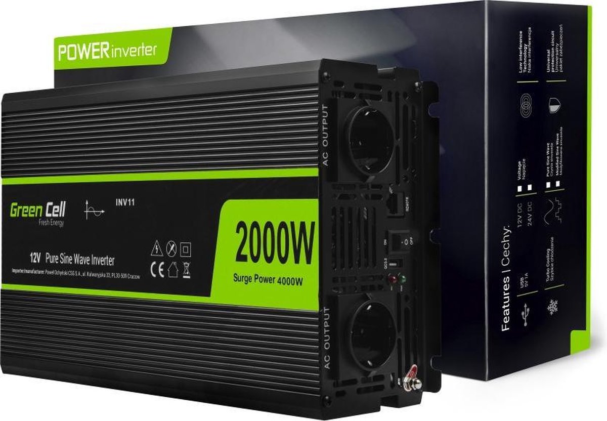 4000W (Bruikbaar vermogen continu 2000W) DC 12V naar AC 230V met USB Stroom Inverter Converter - Pure/Full Sine Wave