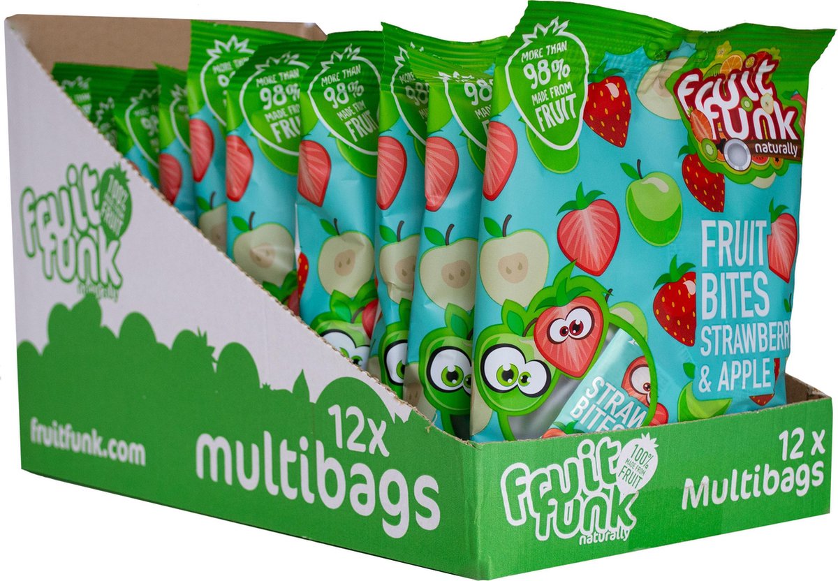 Fruitfunk Uitdeelzak Aardbei Appel (12 uitdeelzakken met 10 kleine snoepzakjes 10g) - Fruitsnack - snoepjes gemaakt van fruit - Vegan  - Gezond snoep - Geen toegevoegde suikers - ideaal voor in de snoeppot - verantwoorde voorverpakte traktatie
