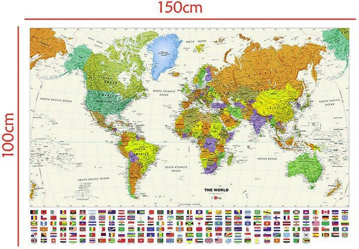 Grote Wereldkaart - Landkaart - Schoolkaart  - Schoolplaat - Atlas 150 x 100 CM - Wanddecoratie - Extra Groot - Kwaliteit - Design - Poster - Om aan de muur te hangen - Wereld Kaart - Land Kaart - Continenten