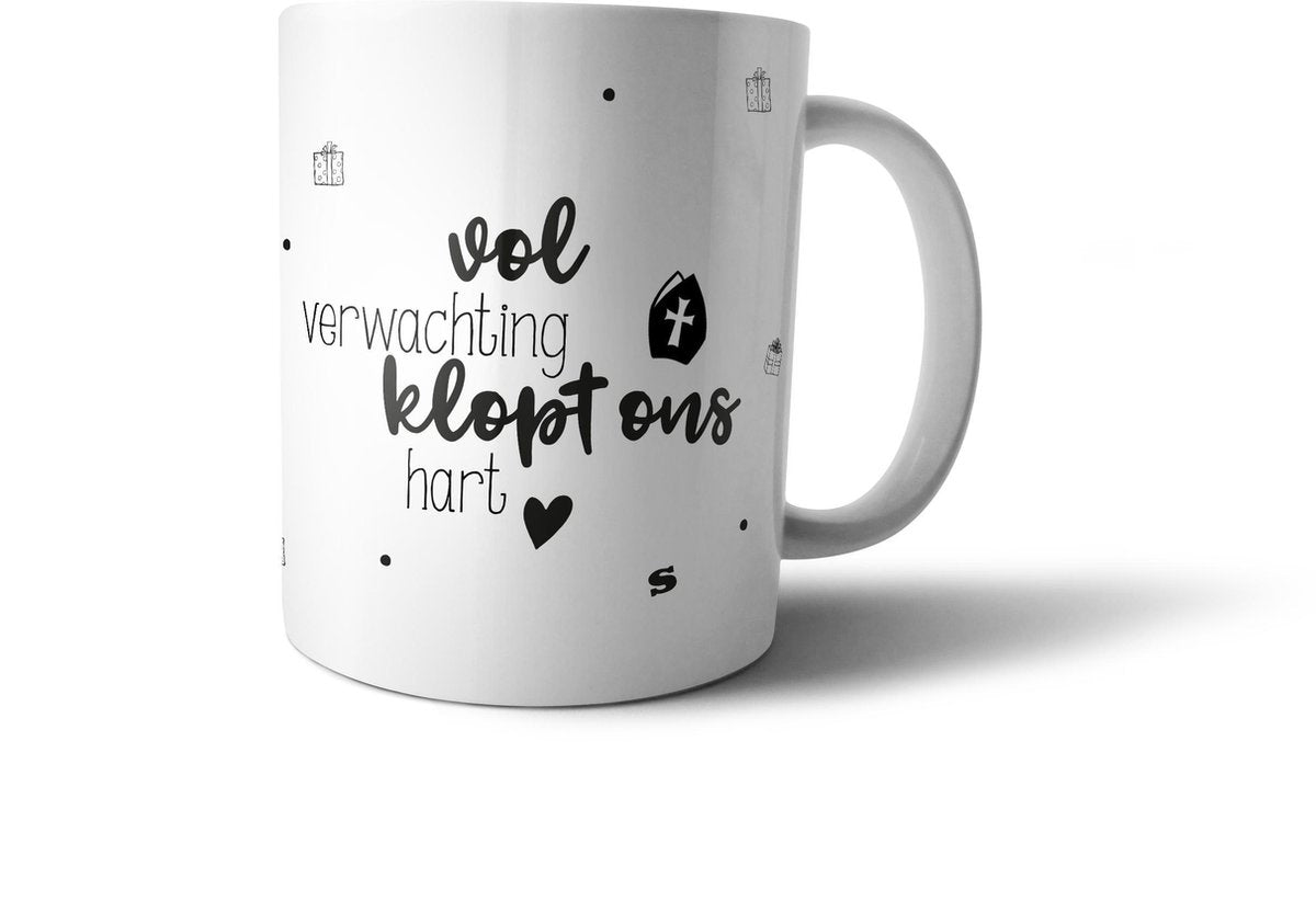 bijStip Sinterklaas Mok Vol verwachting klopt ons hart - Zwart Wit - 330ml