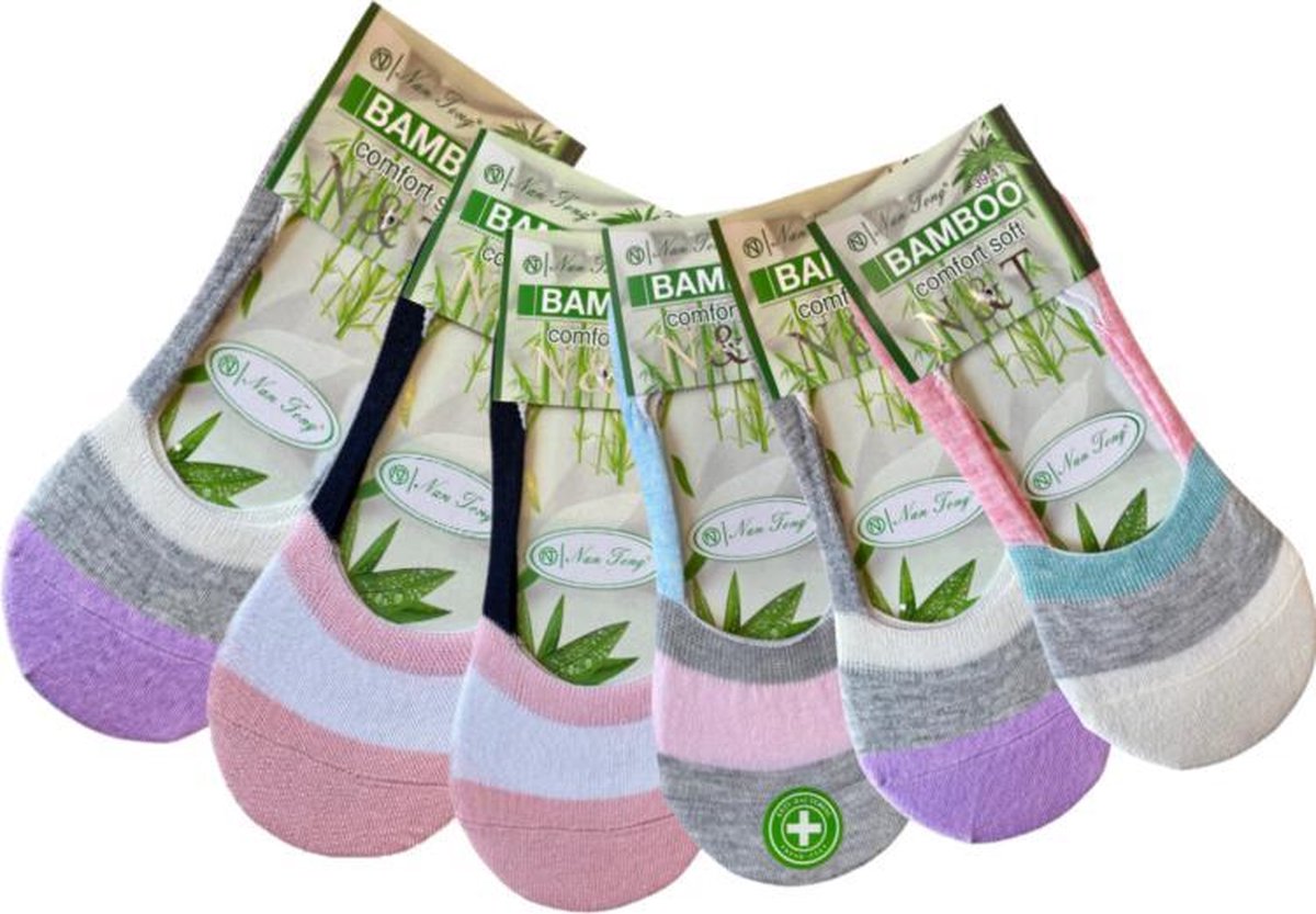 green-goose® 6 paar Bamboe Invisible Sneakersokken | Pastel Streep | Bamboe | Footies | Unisex | Anti zweet | 36-38 | 100% Ecologisch | Anti transpirant | Grijs | Creme | Zalm