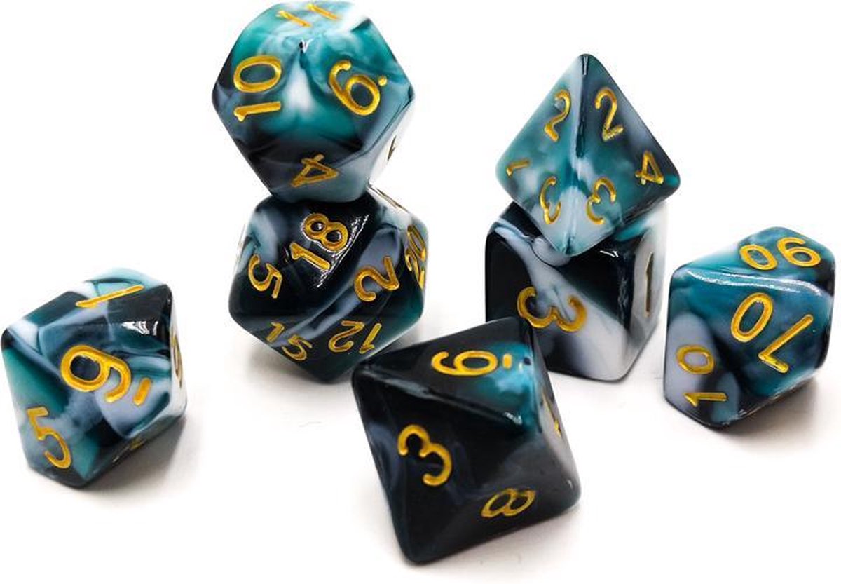 Polydice set - Polyhedral dobbelstenen set 8 delig | Set van 7 in velours bewaarzakje / bag / pouch| dungeons and dragons dnd dice | D&D Pathfinder RPG | Blauw zwart wit gemarmerd