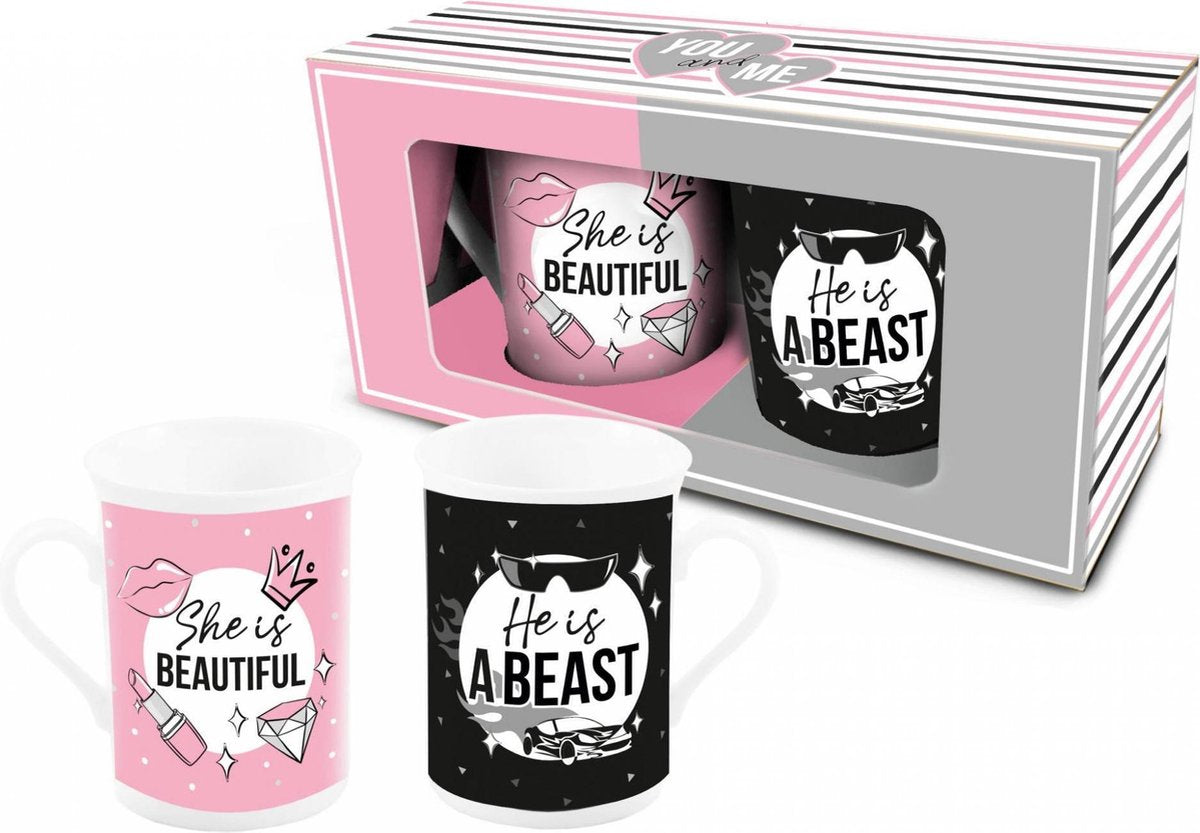 Set van 2 mokken She is beautiful + He is beast
