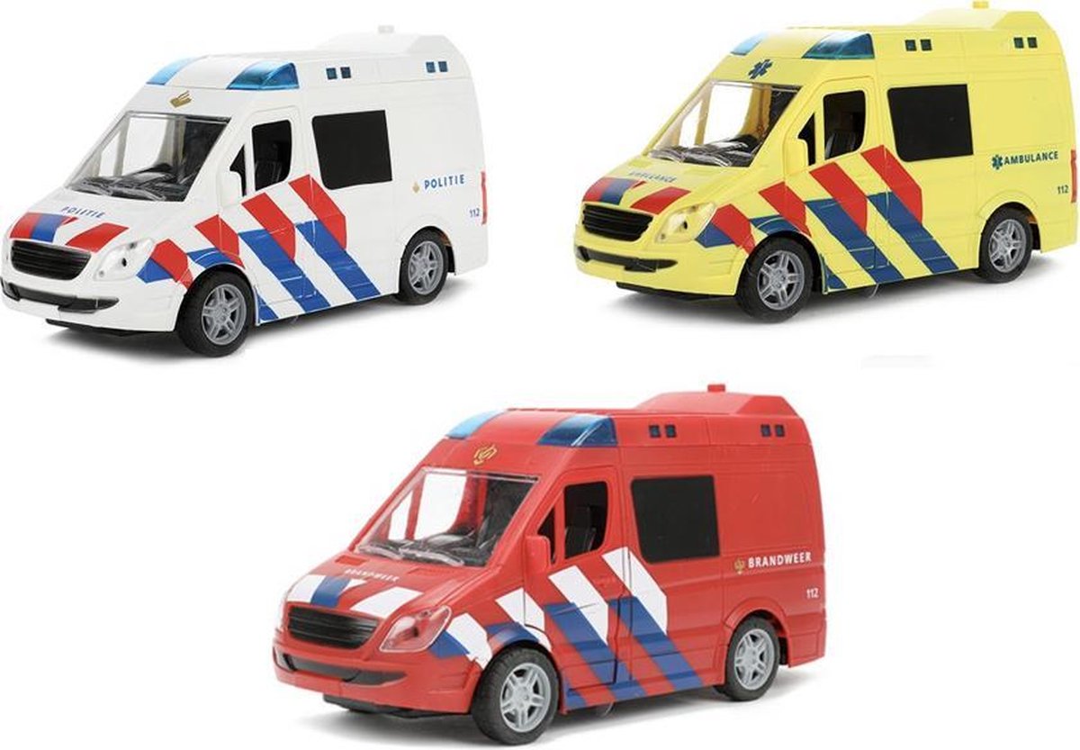 Politiebus Wit/blauw/rood + Ambulance met Licht en Geluid + Brandweerwagen / brandweerauto met Licht en Geluid