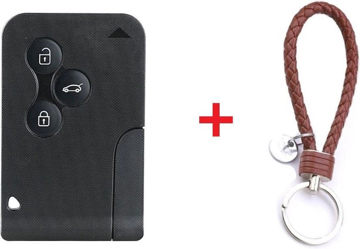 Autosleutel Smart Card VA150RS8 3 knoppen met sleutelblad geschikt voor Renault sleutel / Clio / Megane / Scenic / Grand Scenic / Koleos / Renault sleutelkaart sleutelbehuizing + gevlochten bruin PU-lederen sleutelhanger.