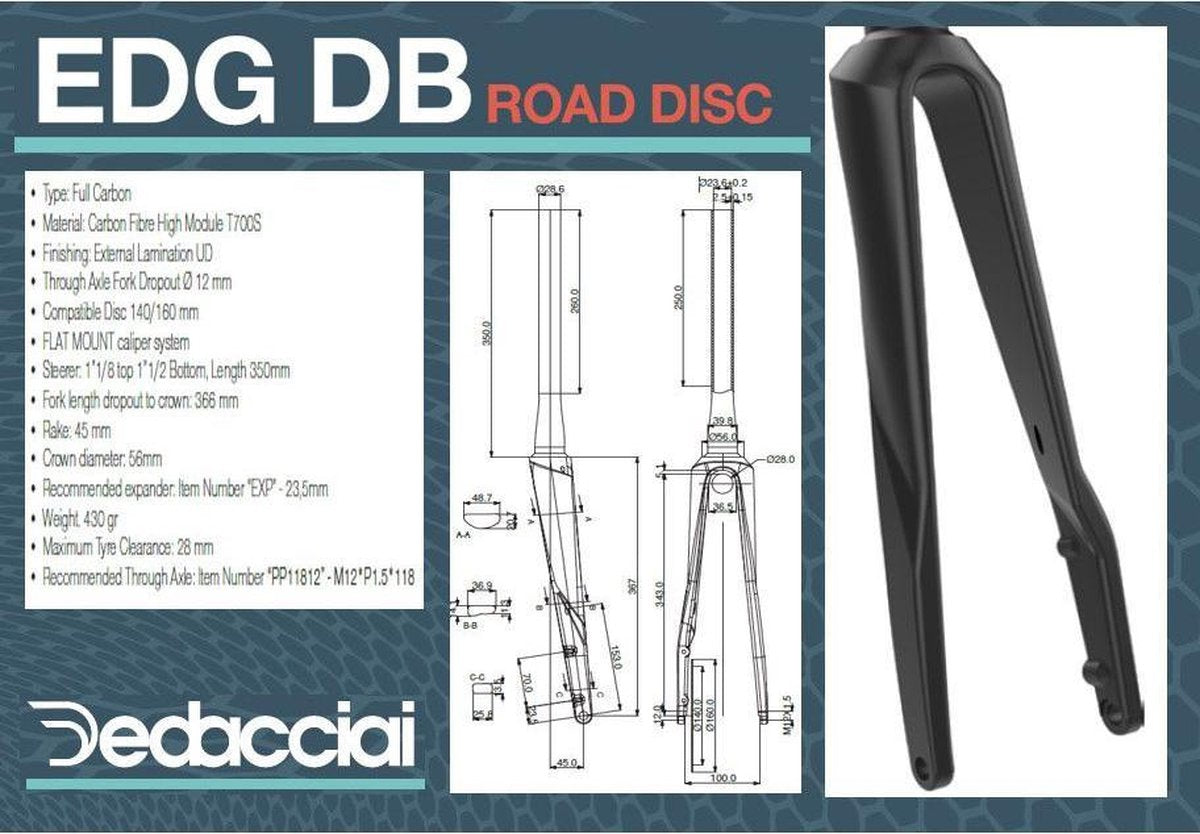 Dedacciai voorvork EDG DB 300mm 1-1/2 Raw finisch (DISC)