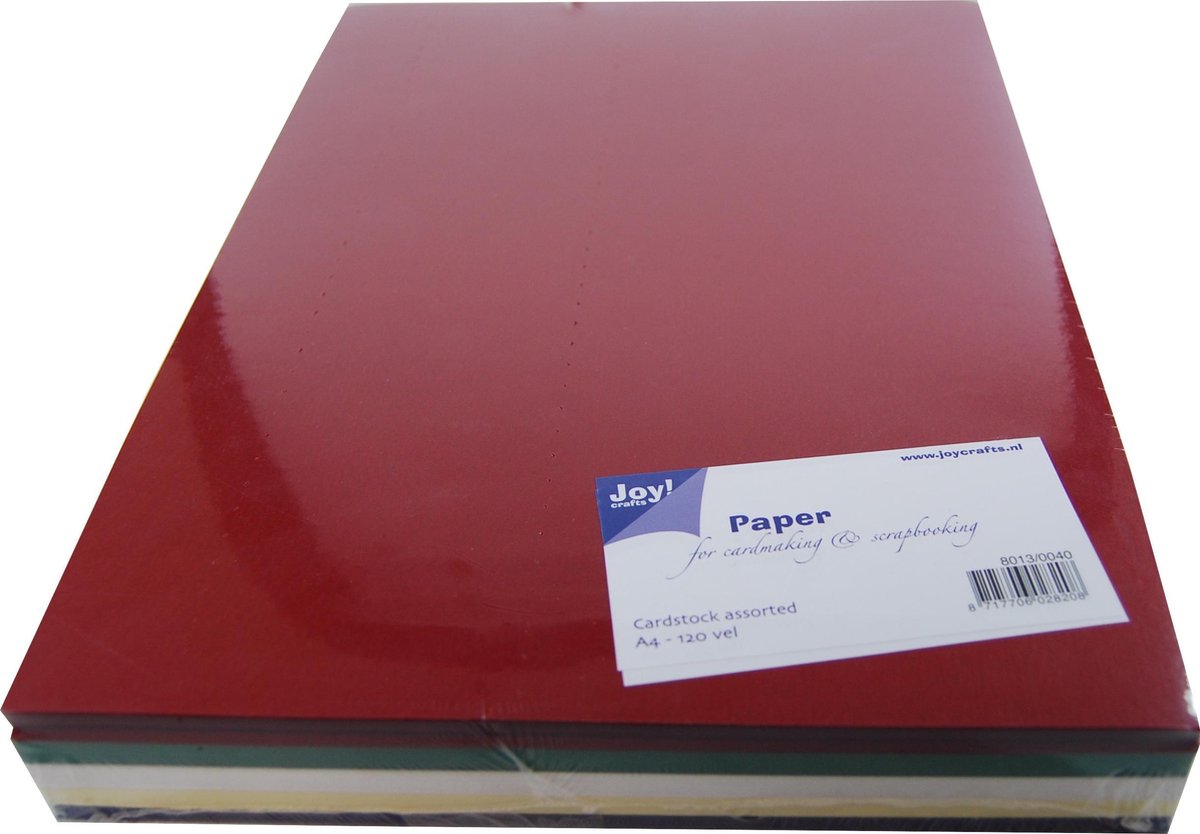 Joy!Crafts / Papier assorti A4 / 120 vel / 200 grams hobbykarton / 5 Kleuren -  Wit -  Creme -  D.Rood - D.Groen - D.Blauw.
