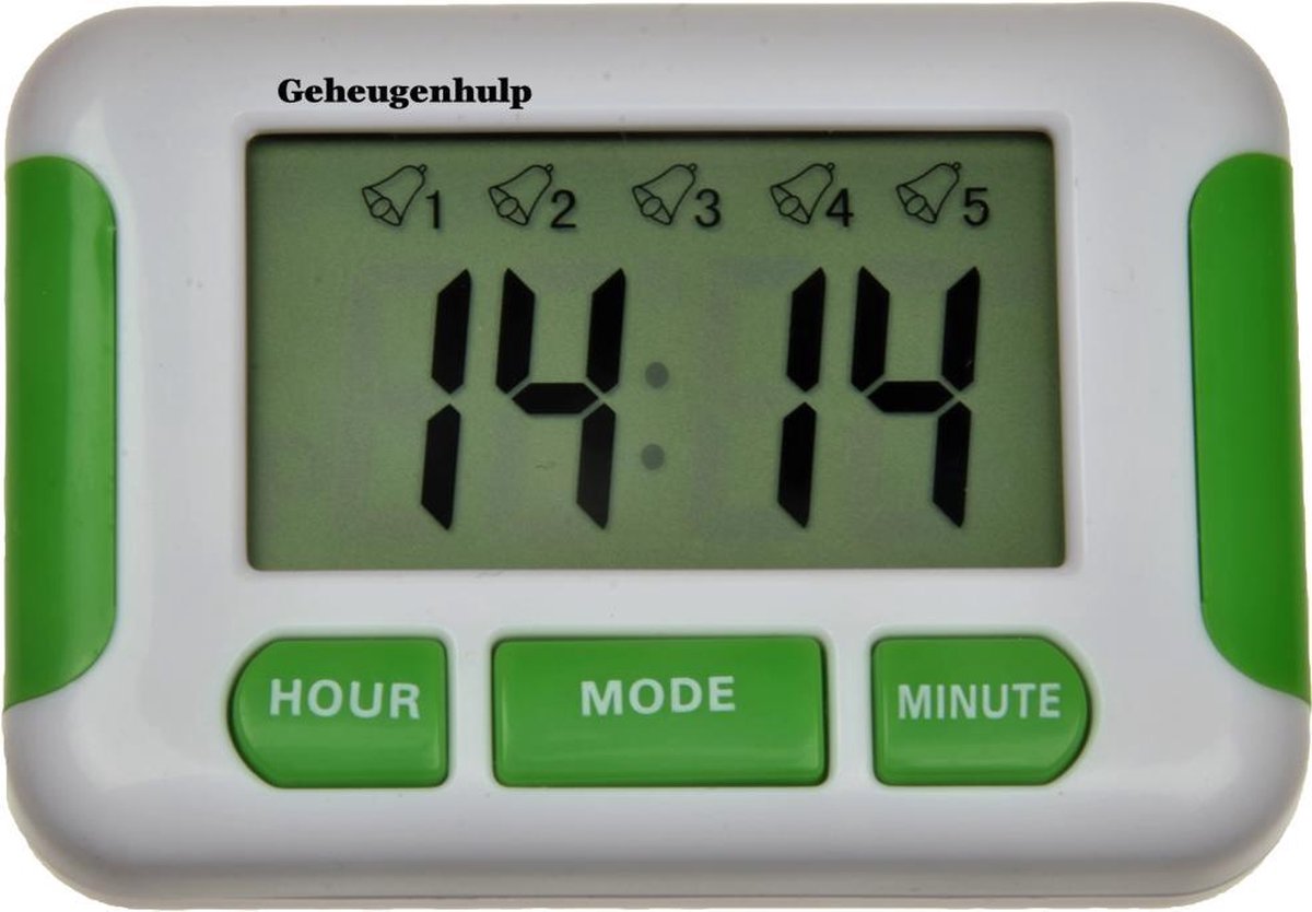 Handig Medicijnalarm met 5 duidelijke alarmen en een timer. Kan staan liggen en hangen. (Groen))
