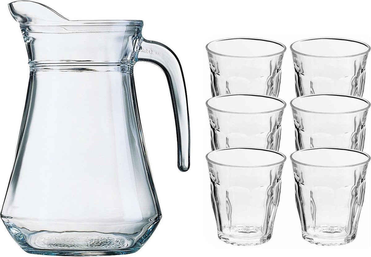 Glazen schenkkan/karaf 1 liter met 6x waterglazen 220 ml - Waterglazen/drinkglazen