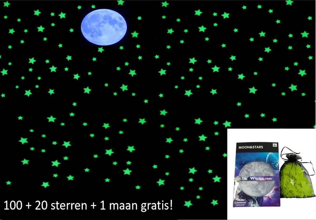 100 sterren (20 sterren + 1 grote maan extra) met verbeterde kwaliteit plakstickers - Warm zacht geel licht - Glow in the dark sterren incl. sterke plakstickers! - Sterrenhemel - Lichtgevende sterren - Realistische maan - Zacht en rustgevend licht!
