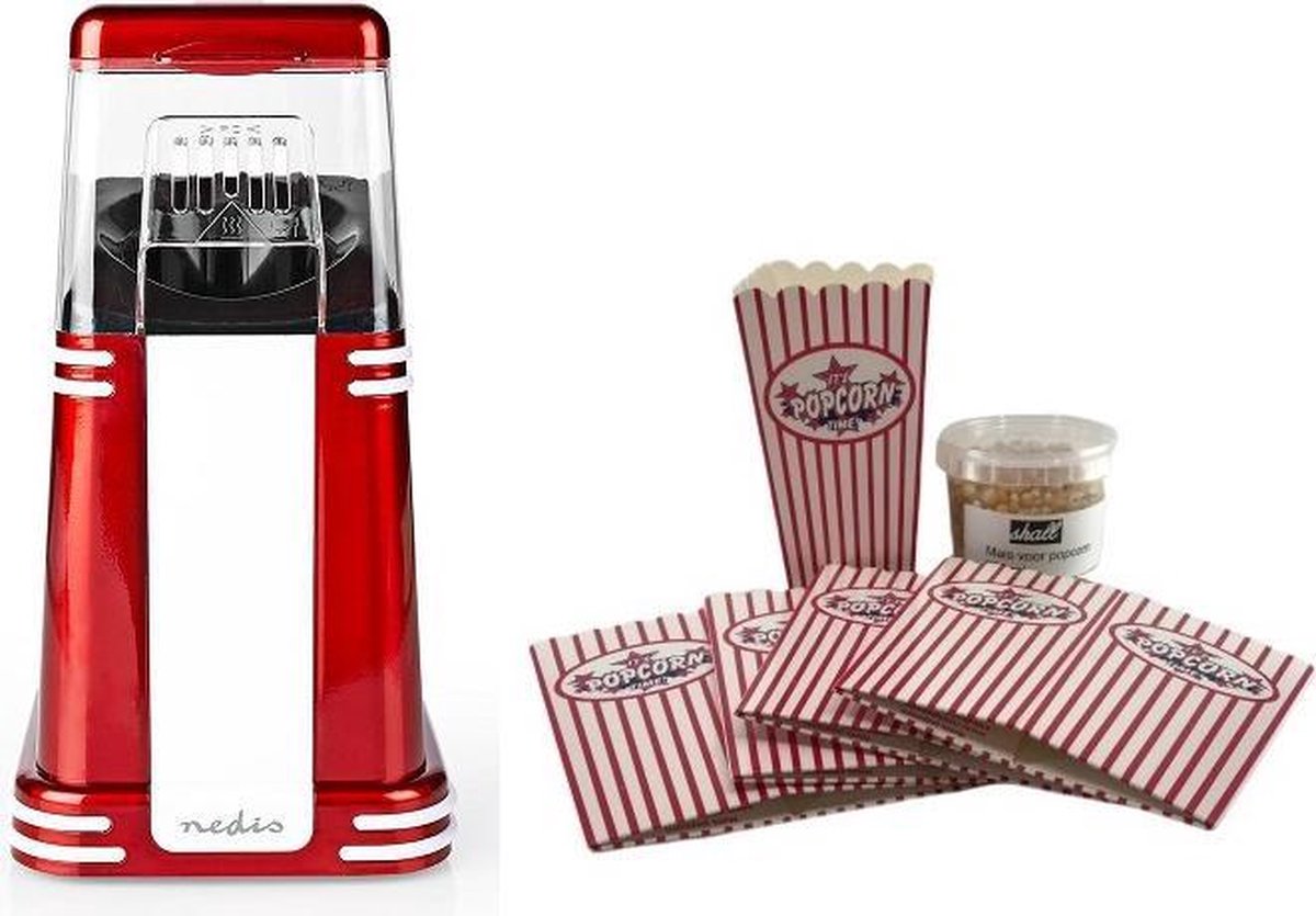 Nedis FCPC100RD Popcornmachine rood met wit retro model - cadeau set