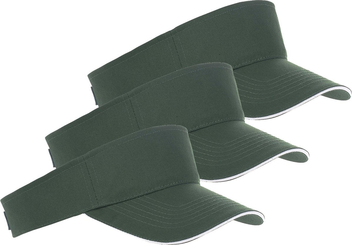 3x Donkergroene/witte zonnekleppen petjes voor volwassenen - Katoenen donkergroene/witte zonnekleppen met klittenbandsluiting - Dames/heren