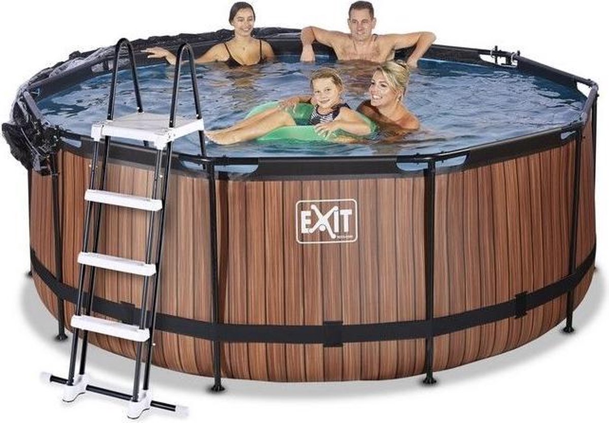 EXIT Wood zwembad ø360x122cm met overkapping en zandfilter- en warmtepomp - bruin