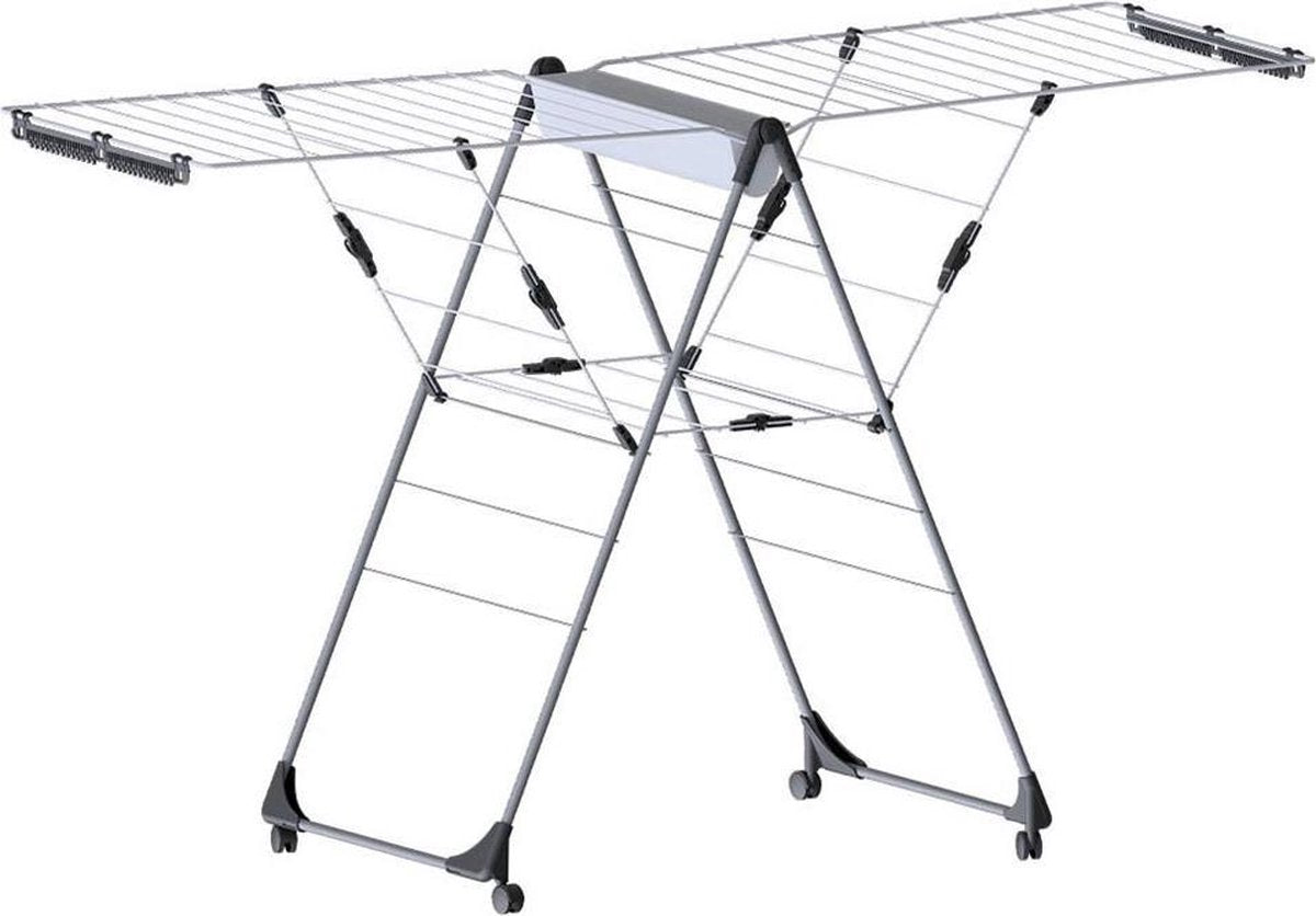 LaundrySpecialist® Uitklapbaar droogrek met maar liefst 29 meter drooglengte – LANGE LEVENSDUUR EN MOBIEL. Droogrek op wielen met opbergplek voor wasknijpers en plaats om gemakkelijk sokken te drogen
