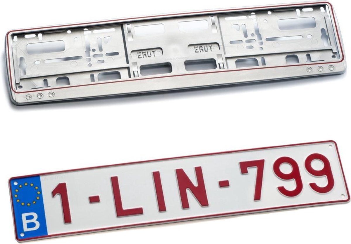 Nummerplaathouder GRIJS RODE RAND PP 2-DELIG voor nummerplaat 520x110mm BELGIË‎‎