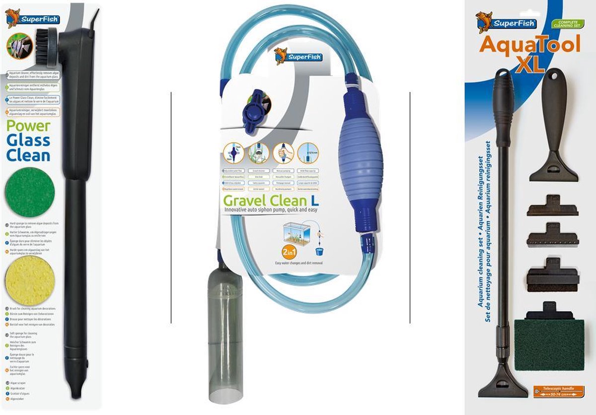 Power glass clean + Aquatool XL + Gravel clean L (Schoonmaak pakket Superfish)