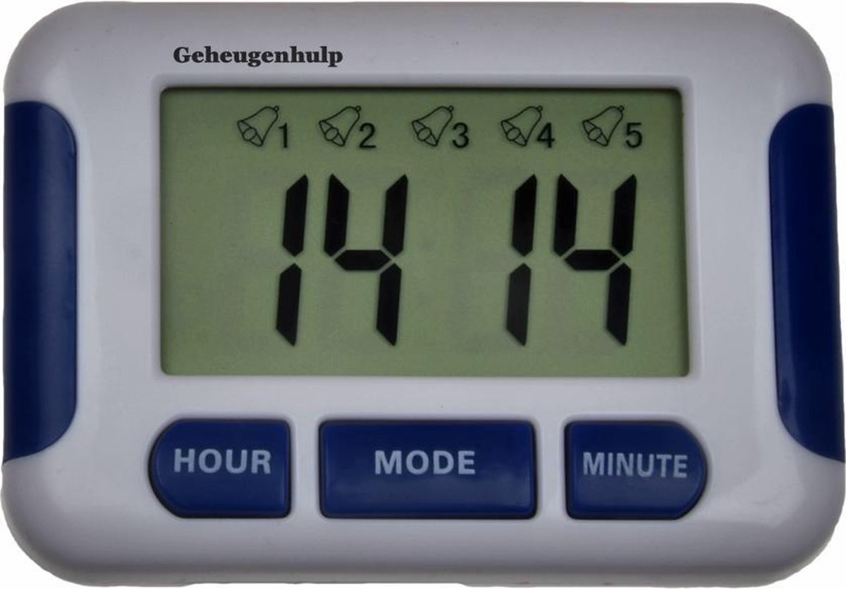 Handig Medicijnalarm met 5 duidelijke alarmen en een timer. Kan staan liggen en hangen. (Blauw)