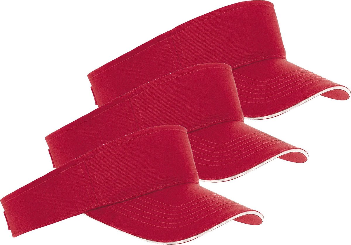 10x Rode/witte zonnekleppen petjes voor volwassenen - Katoenen rode/witte zonnekleppen met klittenbandsluiting - Dames/heren