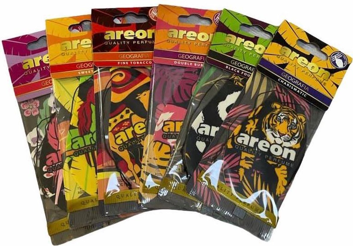 AREON set van 6 luchtverfrisser - autoparfum - panda - tijger - Neroli - Bubble gum - geurtje