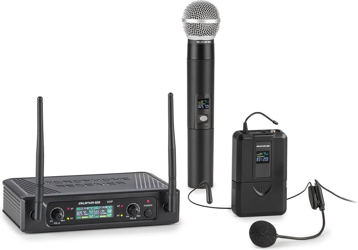 auna Pro UHF200F-2B 2-kanaals UHF-draadloze microfoonset receiver 2x zender-headset