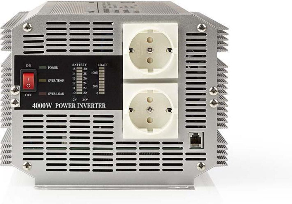 Inverter Gemodificeerde Sinusgolf | Ingangsvoltage: 12 VDC | Apparaat stroomoutput: 2 | 230 V ~ 50 Hz | 4000 W | Piekvermogen: 8000 W | Type stopcontact: F (CEE 7/3) | Screw Terminal | Gemodificeerde sinusgolf | Zekering | Zilver