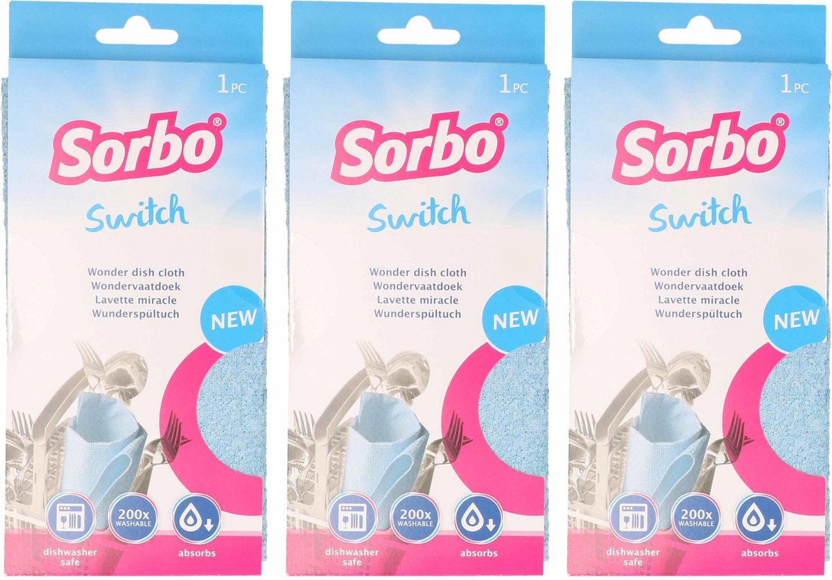 3x Sorbo switch microvezel wonder vaatdoek 32 x 38 cm - Microvezeldoeken - Wonderdoekjes - Schoonmaakdoekjes